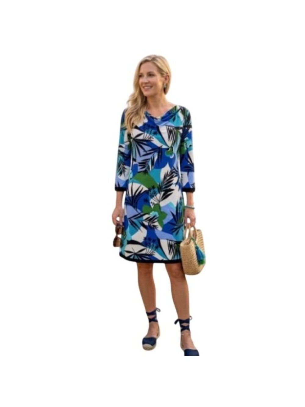 Maiko Drape Neck Blue Tropical Retro 3/4 Sleeve Midi Dress M Resort Travel